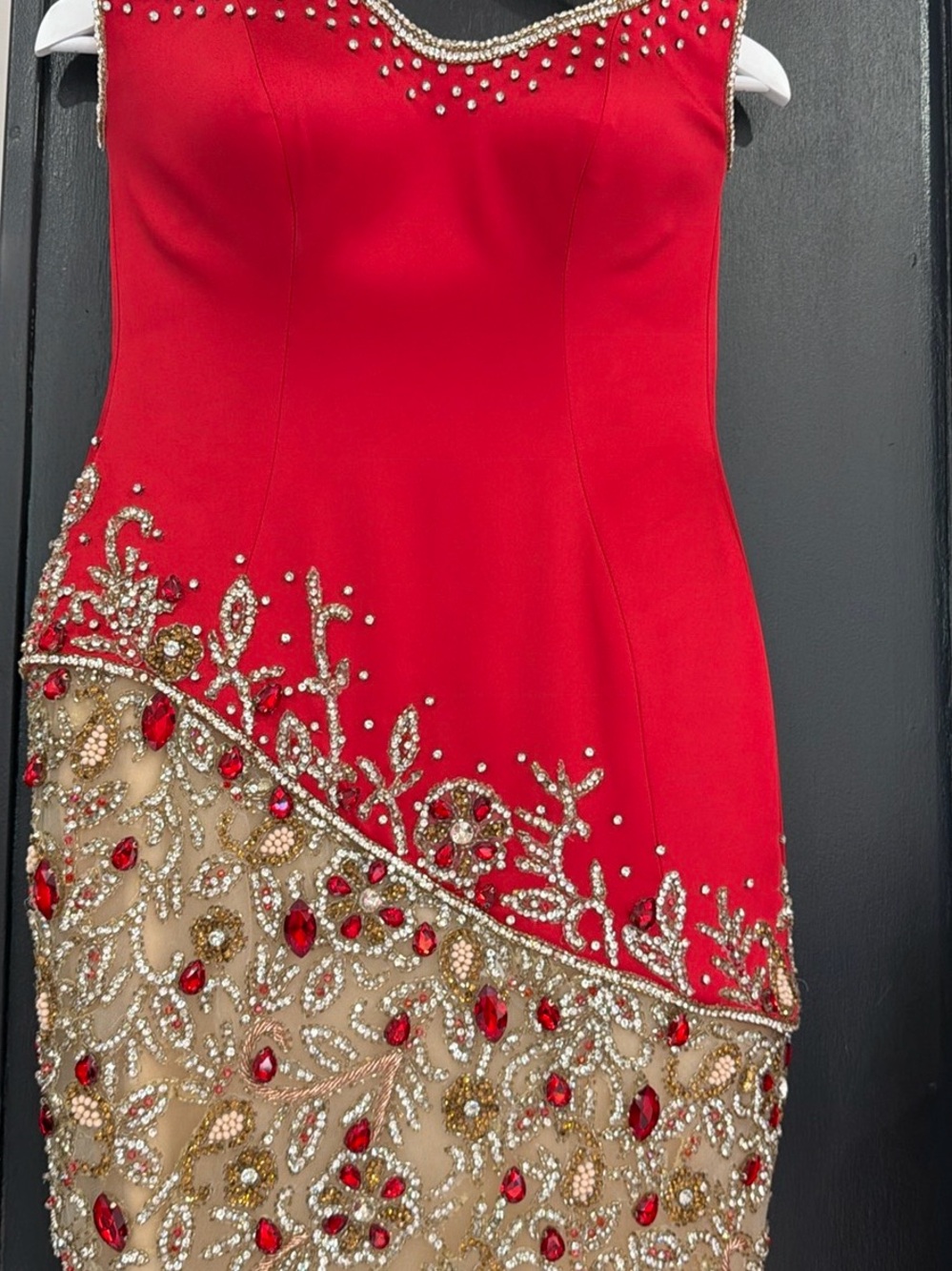 Red Midi Dress with Gold and Red Crystal Embellishment